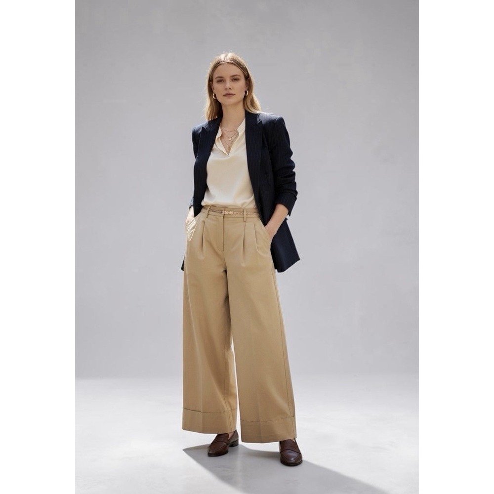 LOFT 100% Cotton High Rise Pleated Wide‎ Leg Pants Beige Tan 14 NWT